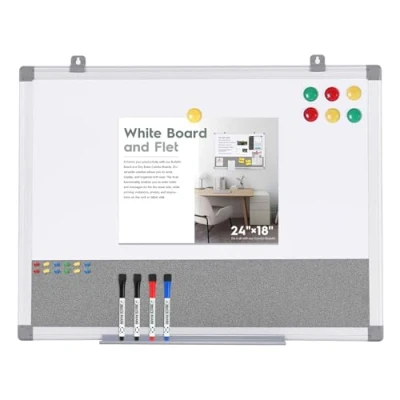 Image of Swansea Magnetic Whiteboard 2 in 1 Combo Gray Pin Noticeboard with Dry Erase Marker + 6 Pushpins, 60x45cm