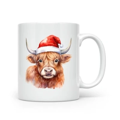 Image of Anonymous Gifting Highland Cow Watercolour Print Mug Beautiful Glossy Printed Christmas