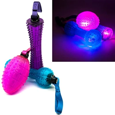 Image of 2 X Squeaky LIGHT UP Balls for Dog with STRAPS Chew Toys Toy Rugby Bone Flashing Teething Interactive Boredom (Assorted (Pack of 2))