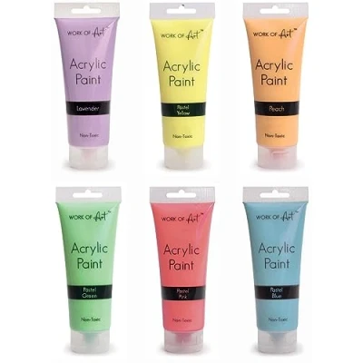 Image of Quickdraw Set of 6 Pastel Colour 75ml Acrylic Paint Tubes Non Toxic for Artists