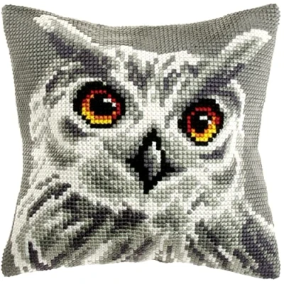 Image of Orchidea Cushion Cross Stitch Kit White Owl Printed Canvas 4.5 Count for Adults 9532