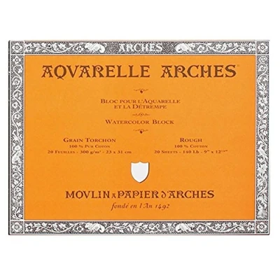 Image of ARCHES 26 x 36 cm 300 GSM Rough Grain Glued on 4 Sides Block Watercolour Paper Natural White (Pack of 20 Sheets)
