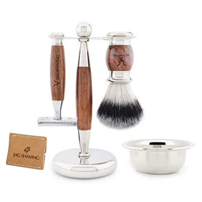 Image of Jag Shaving Set JAG&#039;s LEE Range 5 Piece Synthetic Silver Tip Hair Brush Double Edge Safety Razor Stand Leather Bag for Bowl Wood