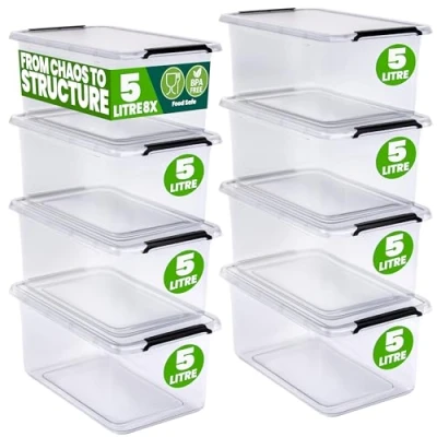 Image of Deuba® 8x 5 Litre Storage Box With Click Closure Secure Lid BPA Free Food Safe Plastic Medium Stackable Transparent Organiser for Kitchen Bedroom Garage Office