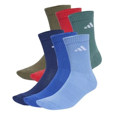 Image of adidas Unisex CUSHIONED CREW SOCKS 6 PAIR PACK, Dark Blue/Royal Blue/Olive Strata/Pure Ruby, 2.5 4