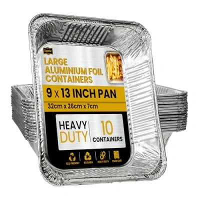 Image of Superior Large Foil Aluminium Trays Pack of 10 Heavy Duty Deep Tin 32 x 26 cm Ideal for Cooking Baking Roasting BBQ Meal Prep Storage Tray Containers Christmas Parties
