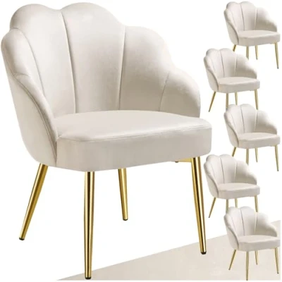 Image of TecTake® Set of 6 Accent Chairs in Shell Design with Velvet Look Covers, Armchair Curved Backrests, Thick Padding &amp; Slim Steel Legs, Ideal as Vanity Chair Bedroom Cream/Gold
