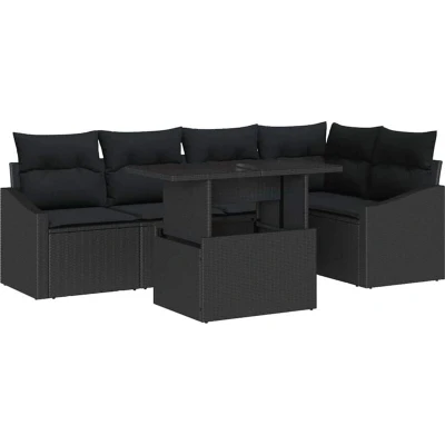 Image of vidaXL 6 Piece Garden Sofa Set with Cushions Black Poly Rattan