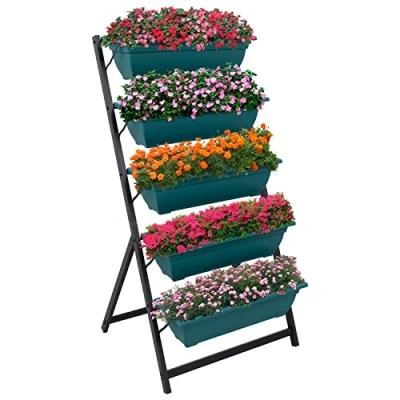 Image of Woodside Drayton Metal Garden Planter Stand, Outdoor Plant Display Shelves, Flower Shelf Ladder 5 Tier