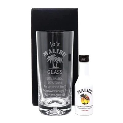 Image of Regalo Personalised Dimple Highball Glass &amp; Miniature Malibu% Design (Cardboard Gift Box)