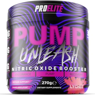Image of ProElite Pump Unleash Nitric Oxide Booster 270g, Pre Workout Powder, 30 Servings with Beta Alanine, Caffeine, Arginine (AAKG), Citrulline, Vitamin B3 B12 (270g, Lychee)