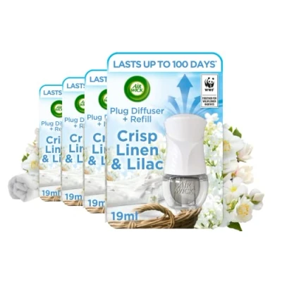 Image of Air Wick Plug in Diffuser Kit, Crisp Linen and Lilac, Pack 4 x Kits, 1 Device &amp; Refill, Long Lasting Fragrance, Lasts up to 400 days, freshener