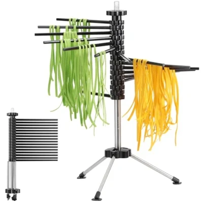 Image of Navaris Collapsible Pasta Drying Rack Tall Compact Spaghetti Noodle Stand with 16 Plastic Rods Fresh Making Accessories up to 2 kg (4.5 lbs) Black