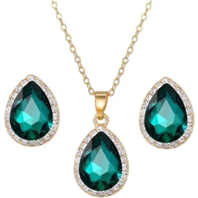 Image of FDEETY Jewellery Set for Women Teardrop Cubic Zirconia Necklace Earrings Fashion Wedding Crystal Jewelry Gift Birthday (Green)