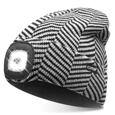 Image of COTOP LED Beanie with Light,USB Rechargeable Hat Hands Free 4 Headlamp Cap Winter Knitted Night Lighted Flashlight Women Men Gifts for Dad Him Husband (Black Gray Stripes)