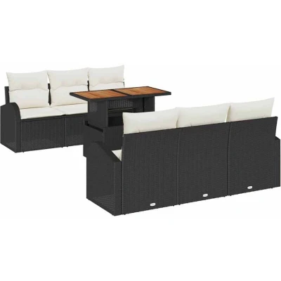 Image of vidaXL 7 Piece Garden Dining Set with Cushions Black Poly Rattan Acacia