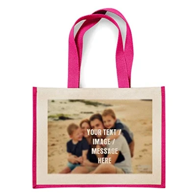 Image of Personalised with your own Image/Text/Any Name themed canvas shopping Jute Bag. (Pink)