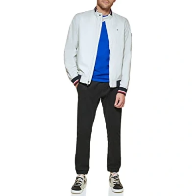 Image of Tommy Hilfiger Men&#039;s Lightweight Varsity Rib Knit Bomber Jacket Shell, Ice Poly, L