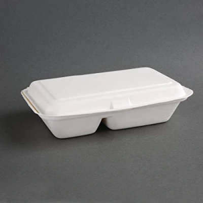 Image of Fiesta Compostable Bagasse Hinged 2 Compartment Takeaway Food Containers 253mm (Pack of 200), 165(W) x 253(D)mm 6 1/2 10 inch, White, Commercially BS EN 13432, FC524