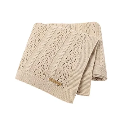 Image of DovFanny Baby Blanket Cotton Cable Knitted Cellular Cozy Breathable for Boy and Girls 90 x 70cm Beige