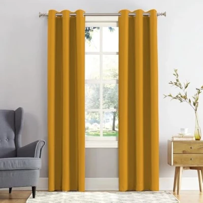 Image of REHAN &amp; CO Blackout Thermal Insulated Curtains Drapes Black out Ring Top Eyelet window curtain 2 panels with Tie Backs for Bedroom, Living Room (Ochre Yellow, W46 x L72)