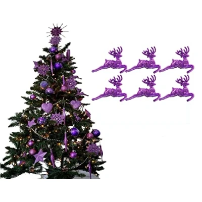 Image of Pack of 6 Hanging Glitter Reindeer Christmas Tree Decorations 2.2cm x 9.5cm (Lilac)