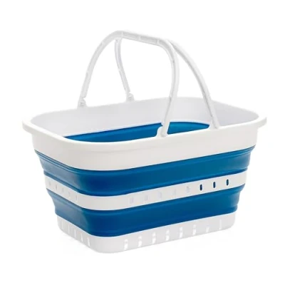 Image of SAMMART 19L Collapsible Tub with Handle Portable Outdoor Picnic Basket/Crater Foldable Shopping Bag Space Saving Storage Container (White/Stone Blue, 1)