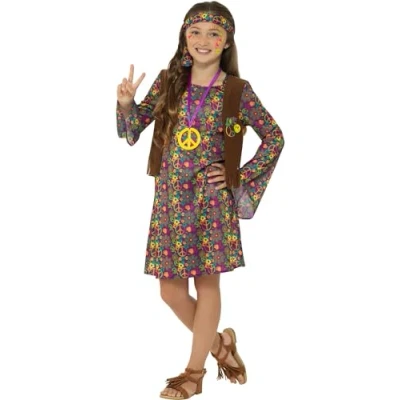 Image of Smiffys Hippie Girl Costume, with Dress, Multi Coloured Attached Waistcoat, Headband &amp; Medallion, Girls Fancy Child Dress Up Costumes