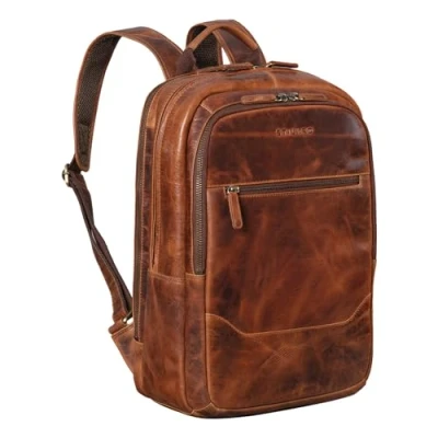 Image of STILORD &#039;Reece&#039; Business Vintage Leather Laptop Backpack Large Work A4 Size XL Wheeled Clip on Genuine Leather, Kara Cognac, XL,