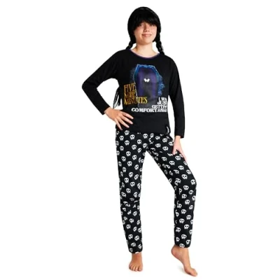 Image of Wednesday Girls Pyjamas Nightwear Long Sleeve &amp; Bottoms PJs Lounge Set for and Teenagers 7 16 Years Gifts (Black/Skull, 13 14 Years)