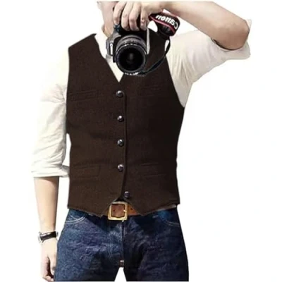 Image of Solovedress Mens Vintage Waistcoat Tweed Wool Regular Fit Suit Vest for Wedding Groomsmen(Coffee,L)