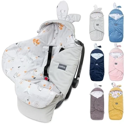 Image of Bellochi Universal Baby Car Seat Blanket for Swaddle with a Hood Made of Soft Cotton and Velvet OEKO TEX Certificate Fitts Maxi Cosi Romer Cybex (Apanatschi grey)