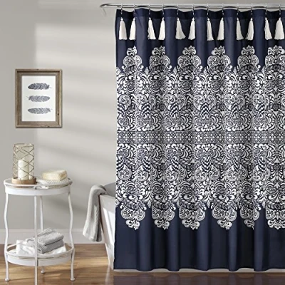 Image of Lush Decor, 72&quot; x 72&quot;, Navy Boho Medallion Shower Curtain Fabric Bohemian Damask Print Design with Tassels