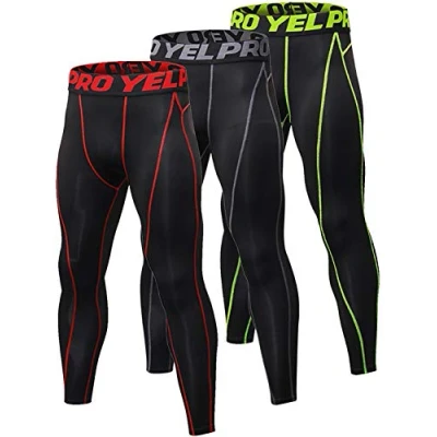 Image of Yuerlian 3 Pack Mens Compression Leggings Training Cool Dry Sport Pants Running Gym Tights