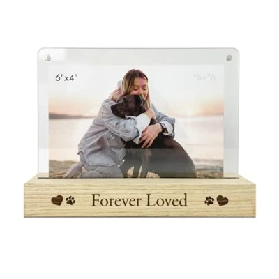 Image of Forever Loved Pet Memorial Photo Frame Wooden Base, Fits 6x4 Photo, Magnetic Acrylic Sheets Cherished Keepsake Heart &amp; Paw Print Remembrance Bereavement Gift 18.2 x 13.4 5cm