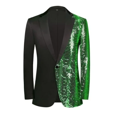 Image of PYJTRL Men Green Blue Gold Leaves Pattern Sequins Blazer (Green,L)
