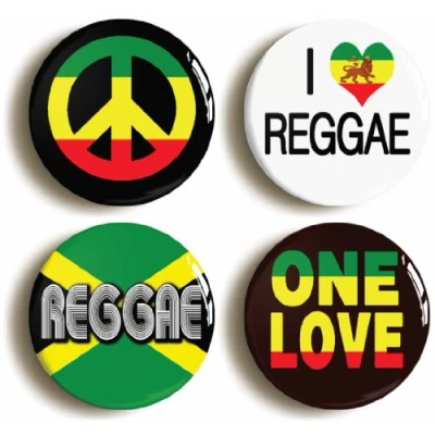 Image of 4 x&quot;REGGAE&quot; BADGES PINS BUTTONS (1inch/25mm diameter) RASTAFARIAN JAMAICA
