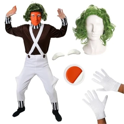 Image of Adults Chocolate Factory Worker Large Brown Top, White Dungarees, Green Wig, Gloves, Orange Facepaint Fancy Dress Costume Book Week Character