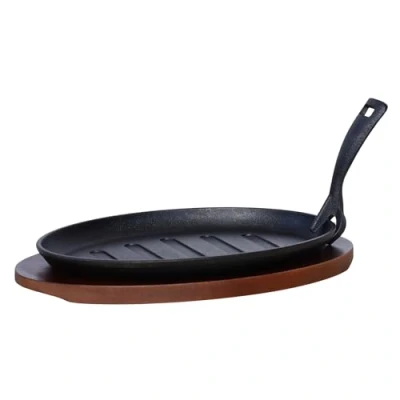 Image of Buckingham Pre Seasoned Cast Iron Serving Dish, Steak Platter, Fajita Sizzler Wooden Stand, Black, 28 cm X 18