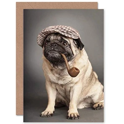 Image of Wee Blue Coo Personalised Cute Pug Dog Lover Sherlock Holmes Pipe Pet Greeting Card Arty Art All Occasion Birthday