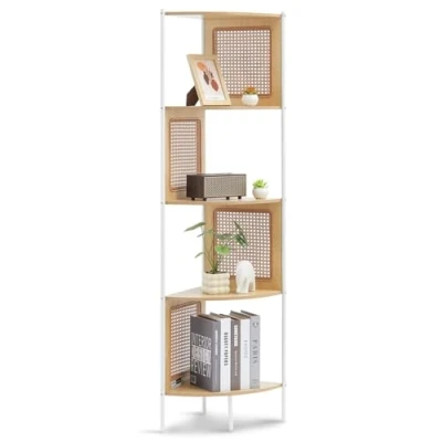 Image of VEVOR Rattan Corner Bookshelf, 5 Tiers Ladder Shelf with Metal Frame, Narrow Open Wall Storage Rack, Display Shelves Ideal for Library, Meeting Room, Office, Study, Natural