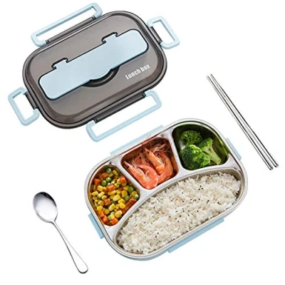 Image of amropi Bento Box Stainless Steel Lunch Containers 2/3/4/5 Compartment Food Storage with Chopsticks and Spoon (Blue, 4 Compartment)