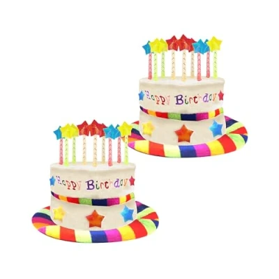 Image of Lizzy 2 x Rainbow Happy Birthday Cake Hat with Multicolour Candles Party Headwear, Ideal for Fancy Dress Costume Accessories, Funny Hats Kids &amp; Adult