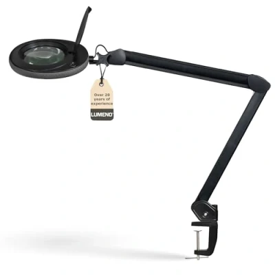 Image of Lumeno 7213SW LED magnifying lamp, 127 mm glass lens, 910 lumen, 3 diopters, workstation cosmetic for beauty salon, hobbyist, as reading aid, with table clamp