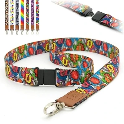 Image of Lanyards Comic Strip Pop Art Themed Pre Printed Safety Breakaway Pull, Metal Clip, ID Badge Holders Funky 2cm Flat Lanyard Neck Strap by LanyardsTomorrow Pack of 10