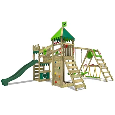 Image of FATMOOSE Wooden climbing frame RiverRun Royal XXL with SwingSurf, swing set &amp; green slide, Outdoor kids playhouse sandpit, ladder play accessories for the garden