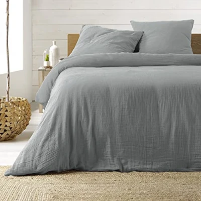 Image of Douceur d&#039;Intérieur, 3 Piece Bedding Set (240 x 220 cm) Angelia Grey, 1 Cotton Side and Gauze