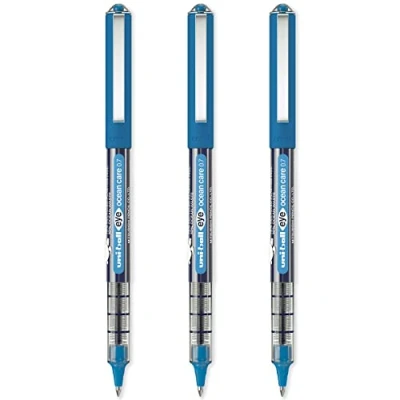 Image of Uni ball Eye Ocean Care UB 157ROP Blue Rollerball Pens. Fine 0.7mm Ballpoint Tip for Super Smooth Writing, Drawing, Art, Crafts and Colouring. Fade Water Resistant Liquid Ink. 3 Pack