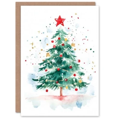 Image of Wee Blue Coo Decorated Tree Red Star Light Festive Fun Xmas Art Blank For All Christmas Card