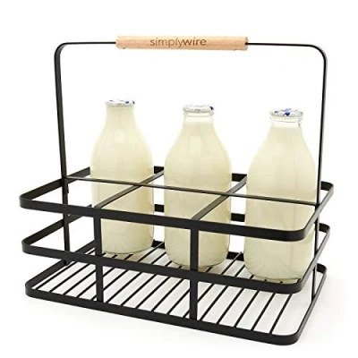 Image of simplywire Retro 6 Unit Milk Bottle Holder Wine Carrier Black Flat Wire